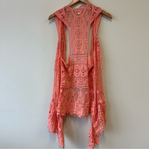 Boho Festival Coral Crochet Lace Open-Front Vest - Picture 7 of 9